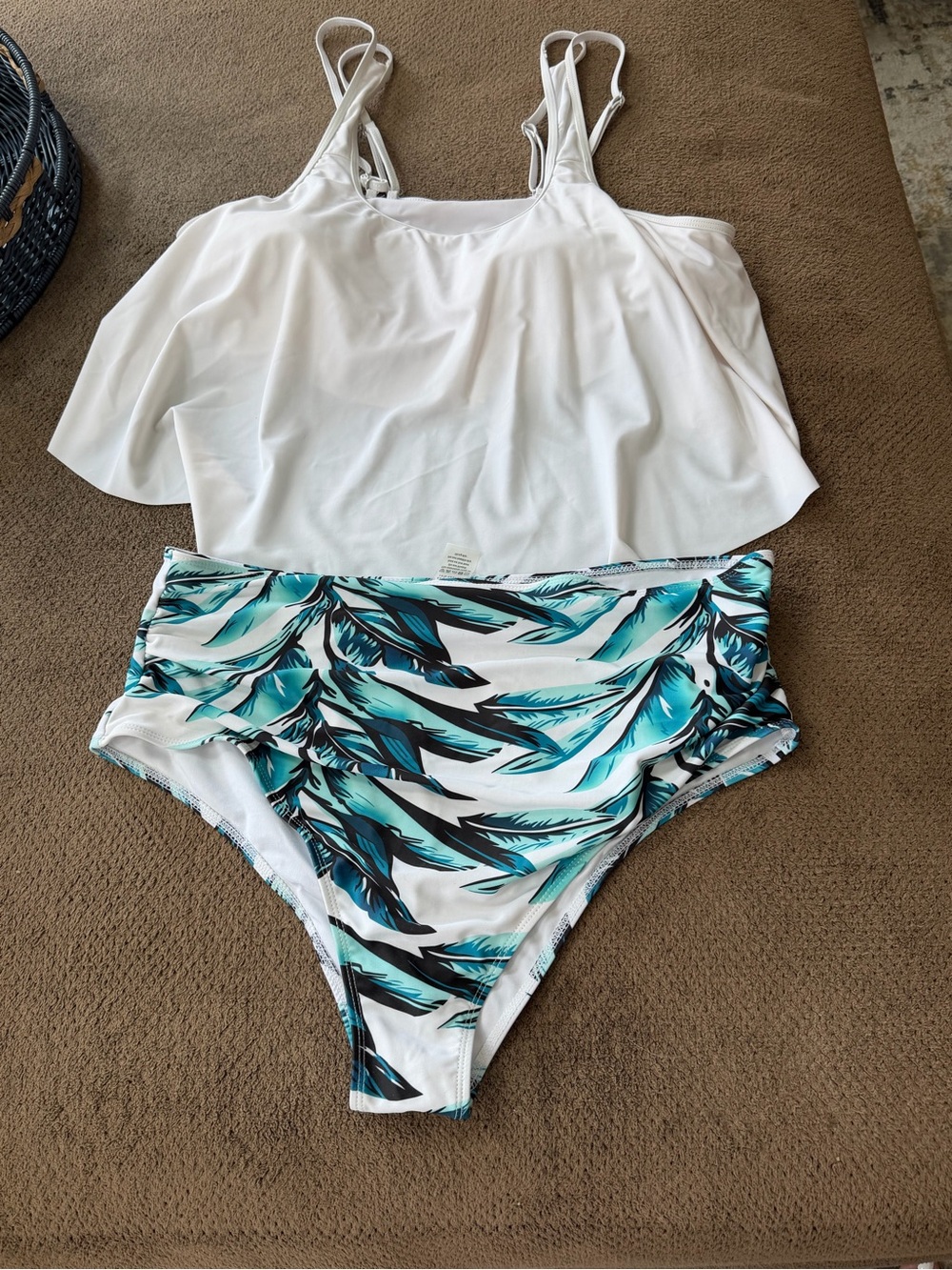White Flounce Tankini Top with Teal & Black Feather-Print High Waist Bottoms
